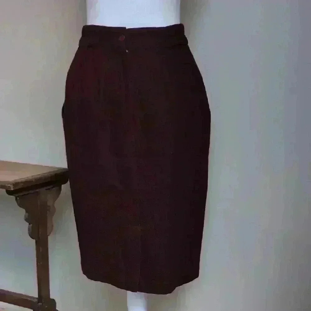 Vintage Bordeaux Pleated Wool Midi Skirt for Work - Picture 5 of 7